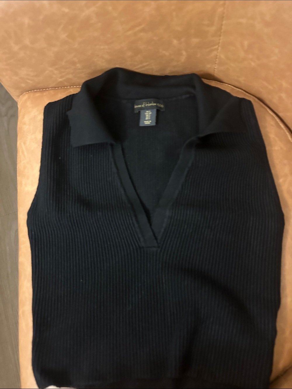 House of Harlow 1960 Black Ribbed V‑Neck Polo Sweater